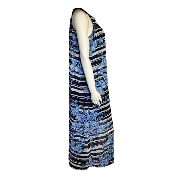 ENFOCUS STUDIO Blue White Striped Floral Sleeveless Chiffon Maxi Dress Womens 6 - Picture 4 of 7